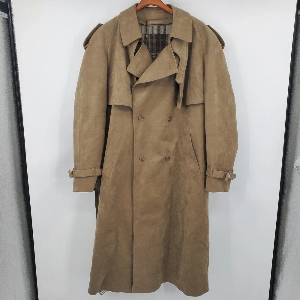 Vintage Neiman Marcus Alcantara Faux Suede Trench Coat Double Breast Tan Duster
